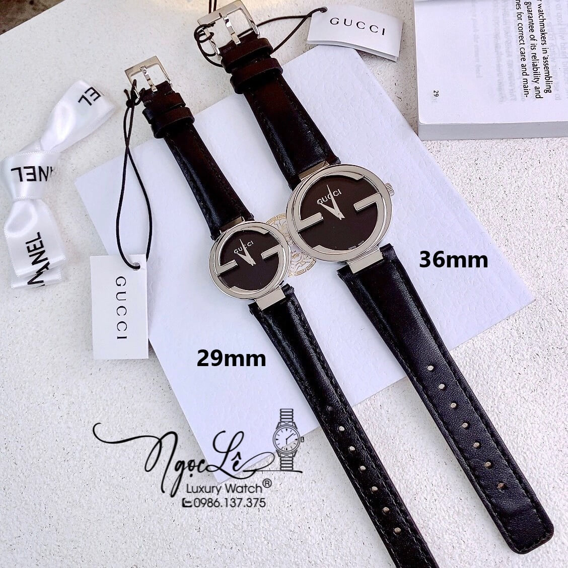 Đồng Hồ Nữ Gucci Dây Da Đen Mặt Đen Vỏ Bạc Cao Cấp Size 29mm Máy Quartz