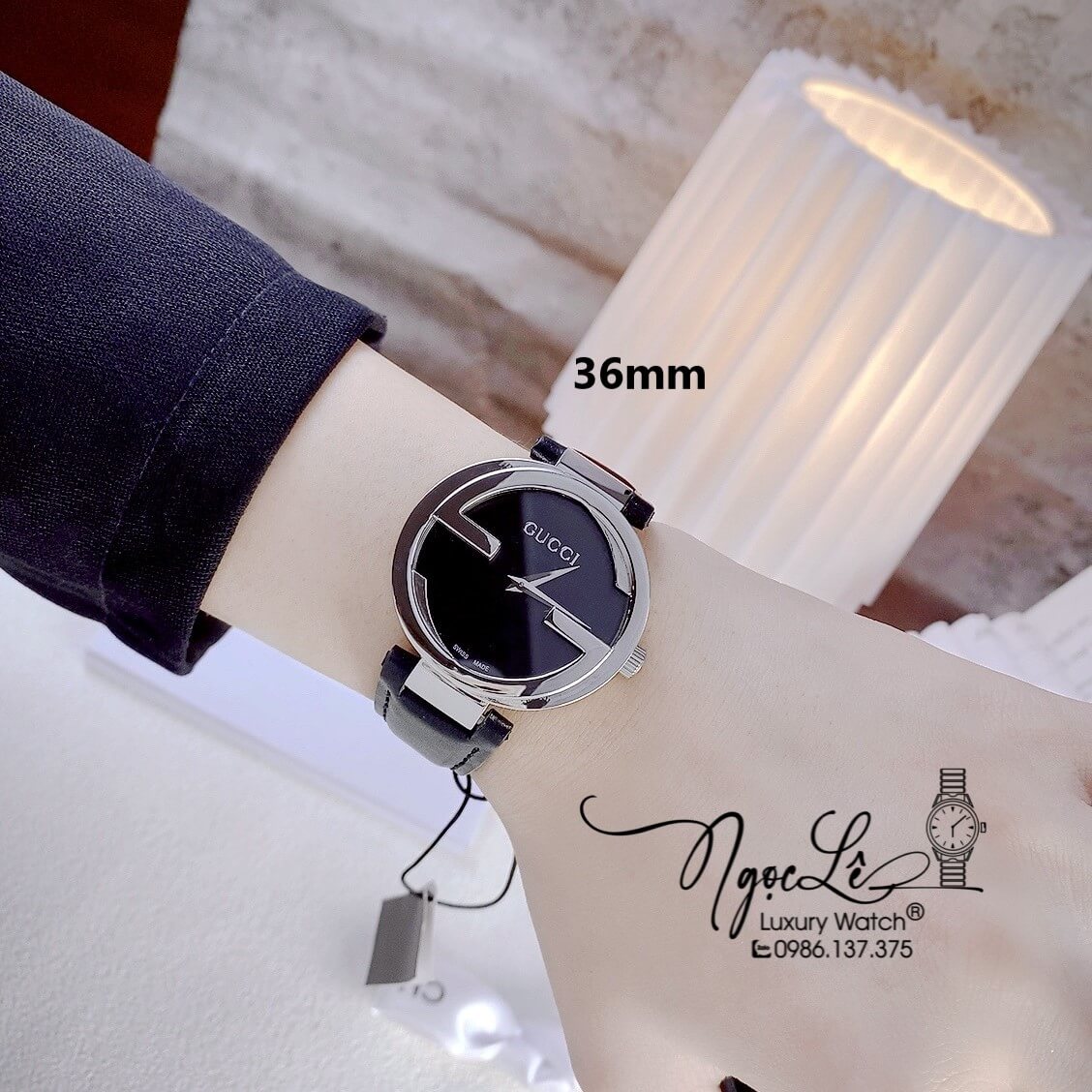 Đồng Hồ Nữ Gucci Dây Da Đen Mặt Đen Vỏ Bạc Cao Cấp Size 36mm Máy Quartz