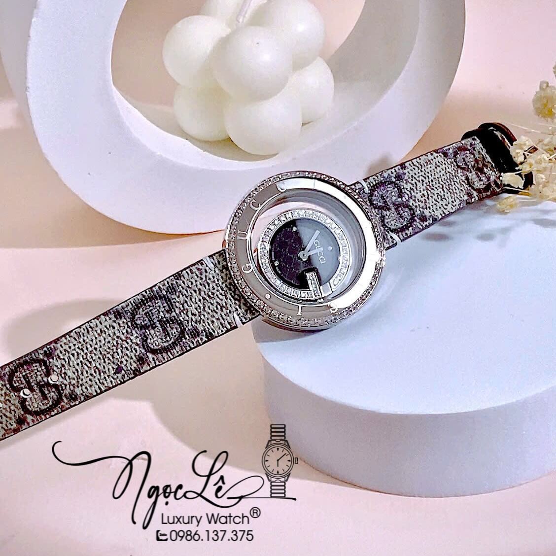 Đồng Hồ Nữ Gucci Dây Da Họa Tiết Logo GC Cao Cấp Size 38mm Quartz Đính Đá