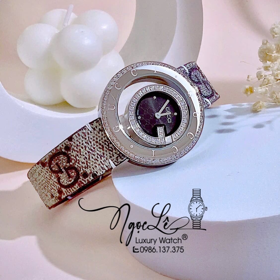 Đồng Hồ Nữ Gucci Dây Da Họa Tiết Logo GC Cao Cấp Size 38mm Quartz Đính Đá