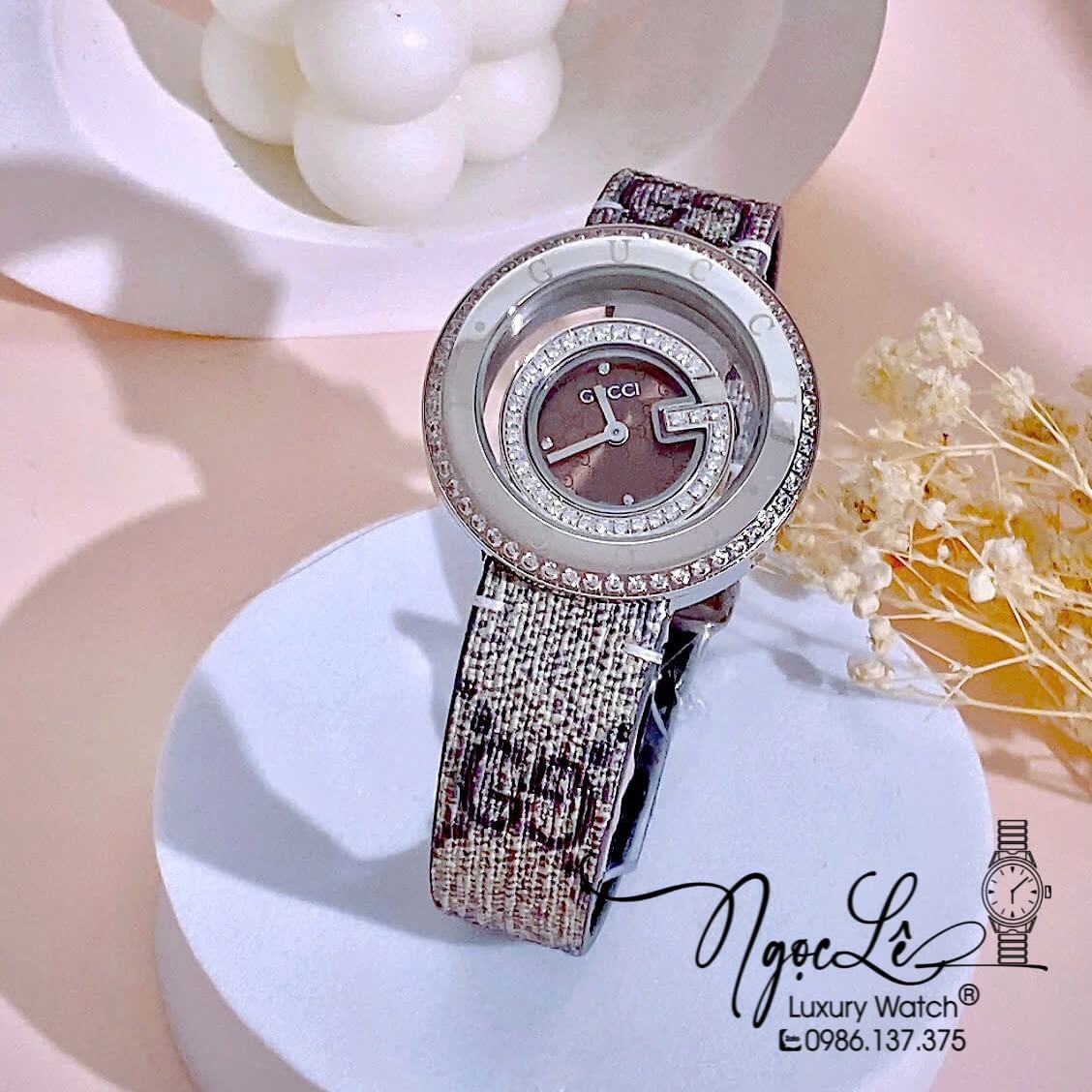 Đồng Hồ Nữ Gucci Dây Da Họa Tiết Logo GC Cao Cấp Size 38mm Quartz Đính Đá Mặt Nâu