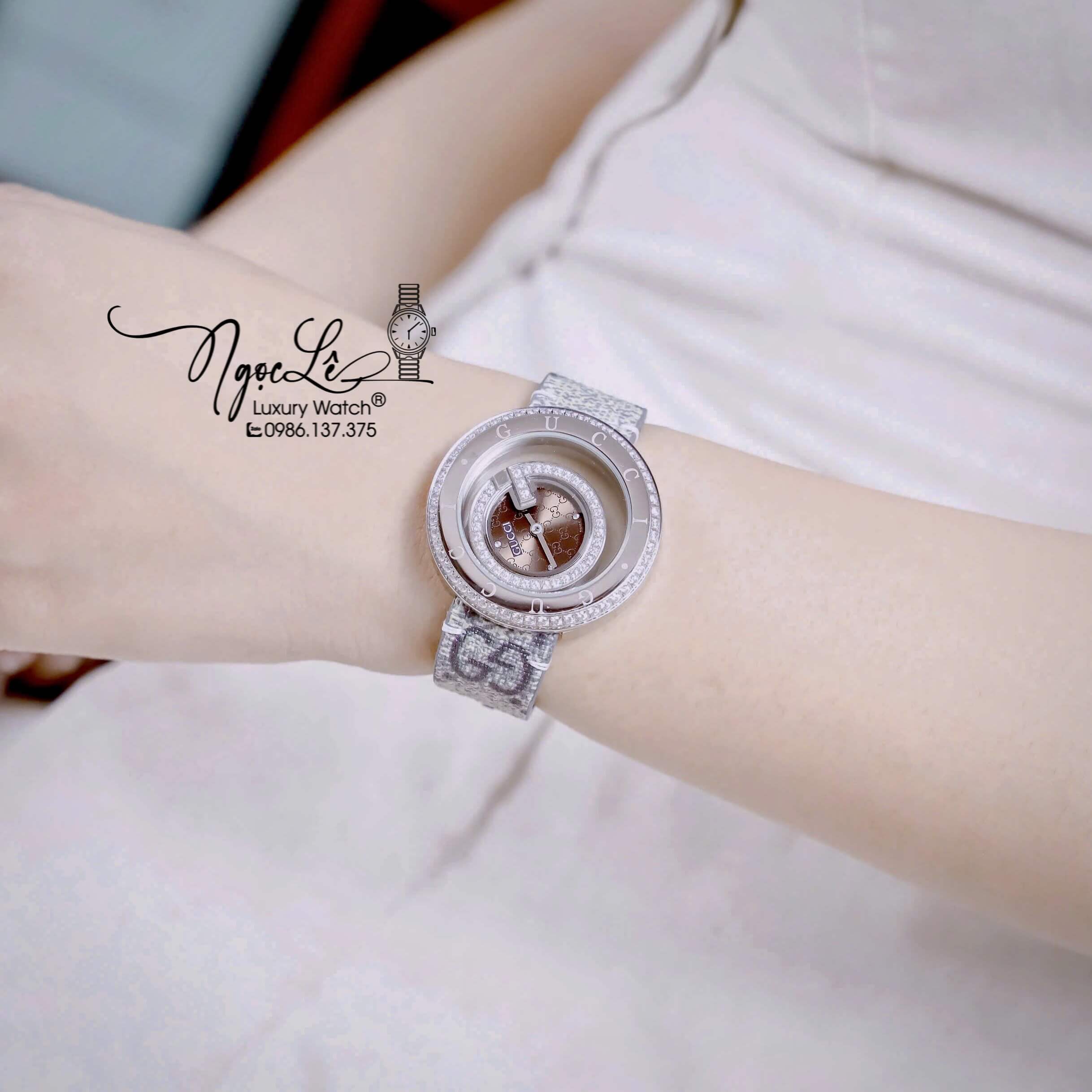 Đồng Hồ Nữ Gucci Dây Da Họa Tiết Logo GC Cao Cấp Size 38mm Quartz Đính Đá Mặt Nâu