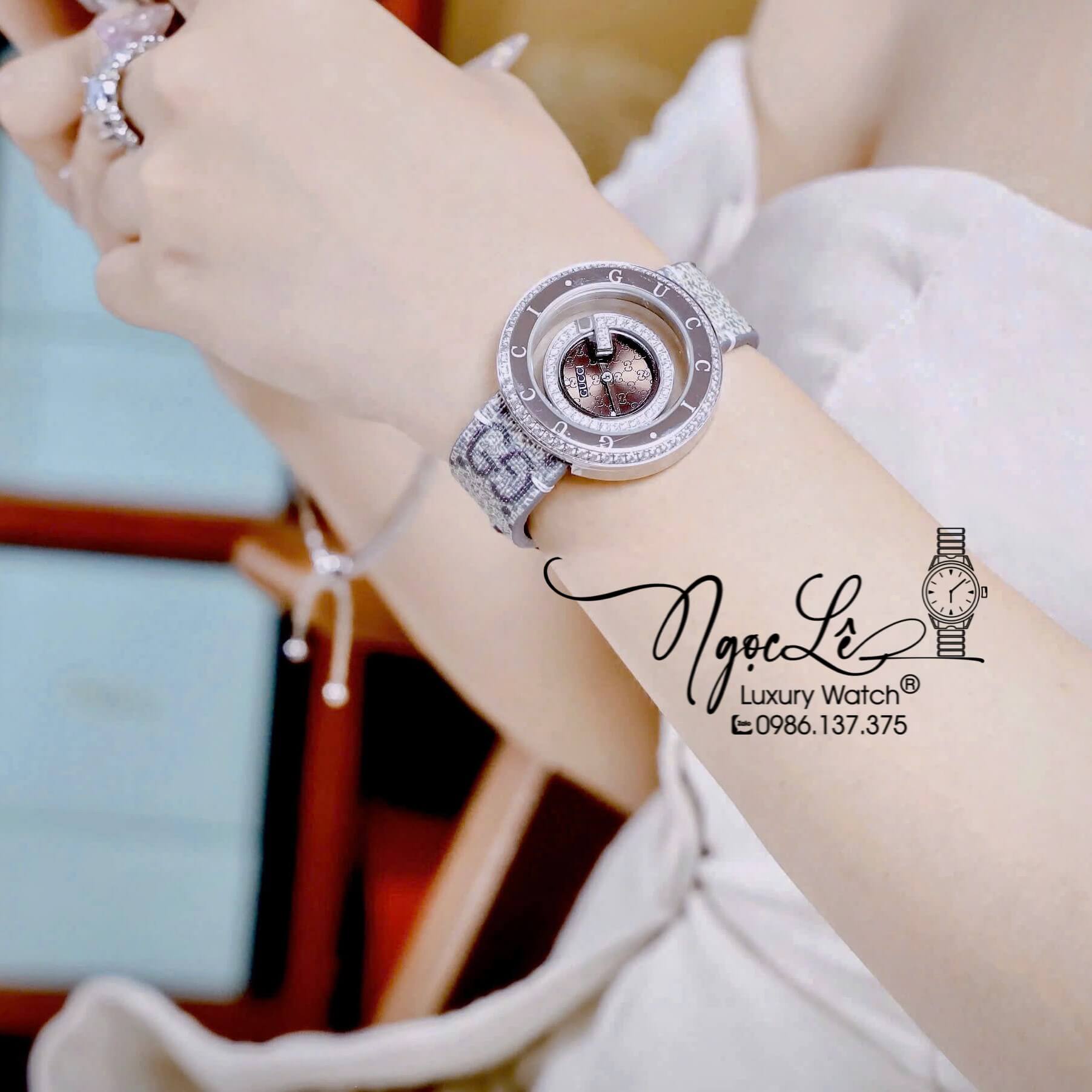 Đồng Hồ Nữ Gucci Dây Da Họa Tiết Logo GC Cao Cấp Size 38mm Quartz Đính Đá Mặt Nâu