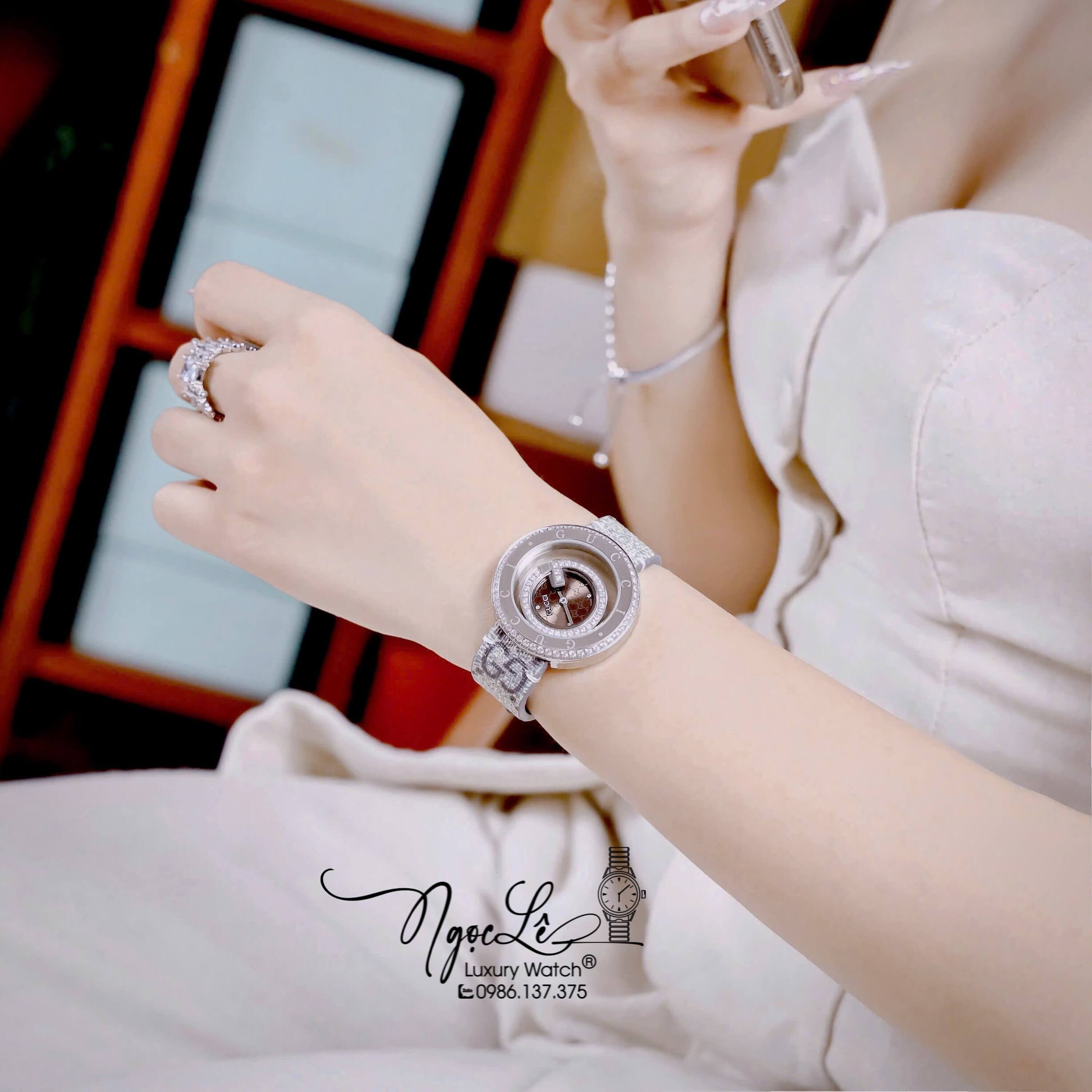 Đồng Hồ Nữ Gucci Dây Da Họa Tiết Logo GC Cao Cấp Size 38mm Quartz Đính Đá Mặt Nâu