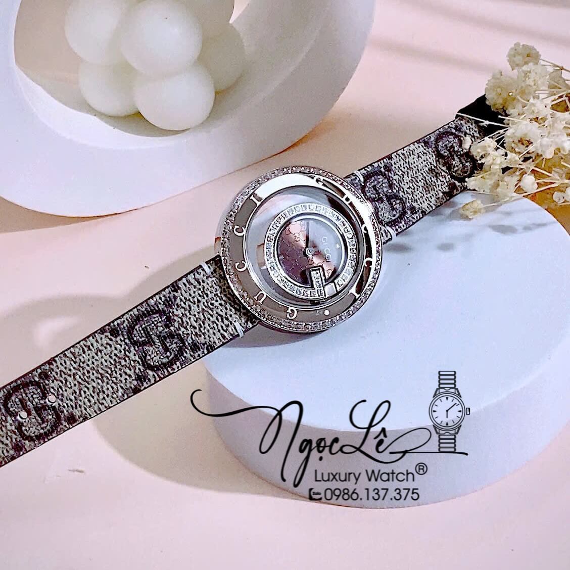 Đồng Hồ Nữ Gucci Dây Da Họa Tiết Logo GC Cao Cấp Size 38mm Quartz Đính Đá Mặt Nâu
