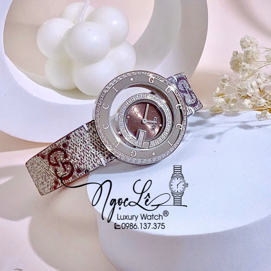Đồng Hồ Nữ Gucci Dây Da Họa Tiết Logo GC Cao Cấp Size 38mm Quartz Đính Đá Mặt Nâu