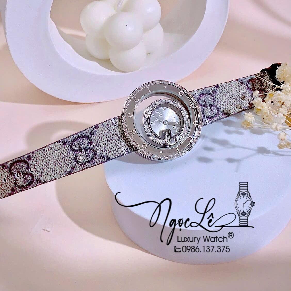 Đồng Hồ Nữ Gucci Dây Da Họa Tiết Logo GC Cao Cấp Size 38mm Quartz Đính Đá Mặt Trắng