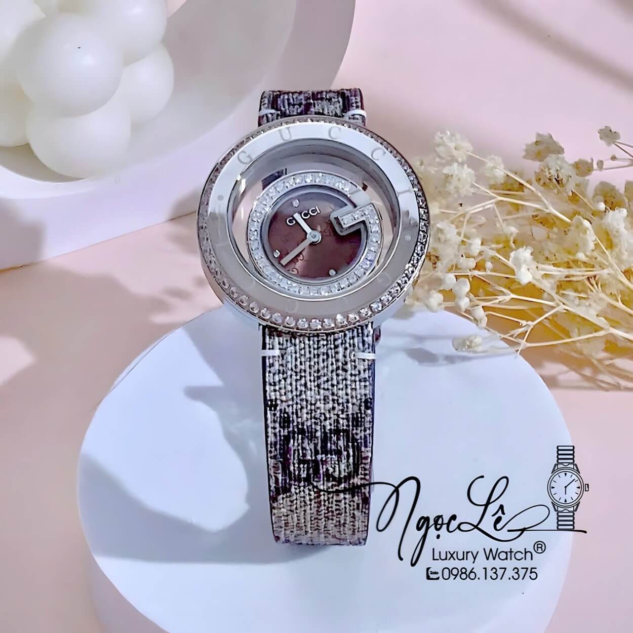 Đồng Hồ Nữ Gucci Dây Da Họa Tiết Logo GC Cao Cấp Size 38mm Quartz Đính Đá Mặt Nâu