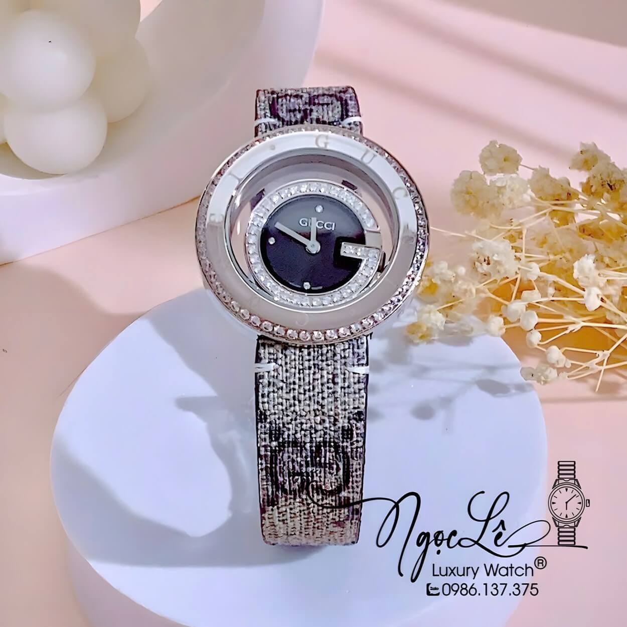 Đồng Hồ Nữ Gucci Dây Da Họa Tiết Logo GC Cao Cấp Size 38mm Quartz Đính Đá Mặt Đen