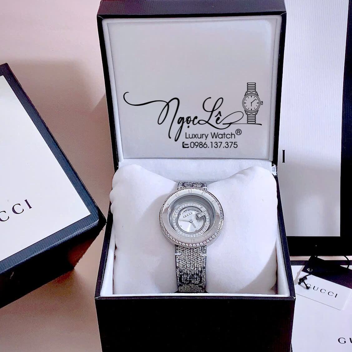 Đồng Hồ Nữ Gucci Dây Da Họa Tiết Logo GC Cao Cấp Size 38mm Quartz Đính Đá Mặt Trắng