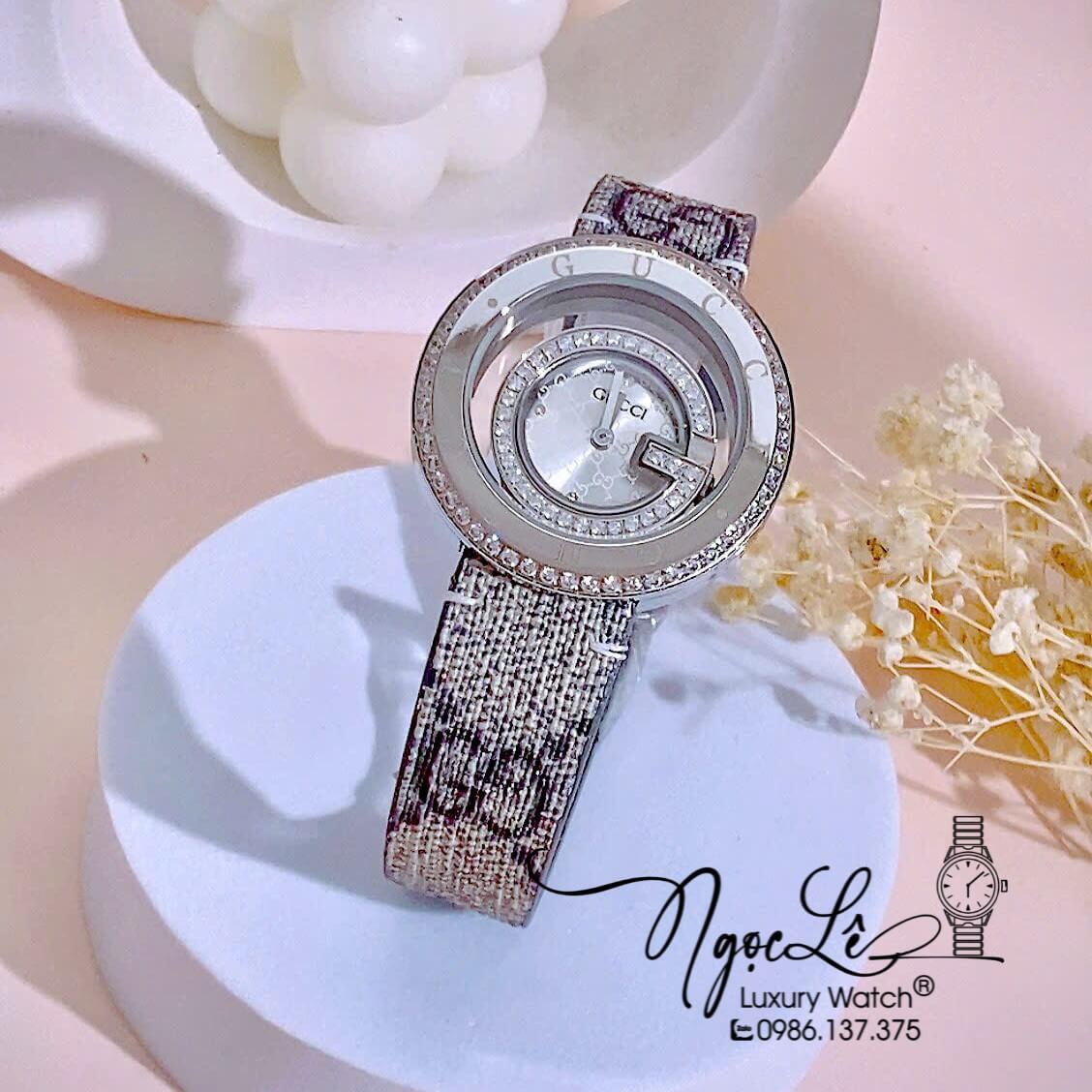 Đồng Hồ Nữ Gucci Dây Da Họa Tiết Logo GC Cao Cấp Size 38mm Quartz Đính Đá Mặt Trắng