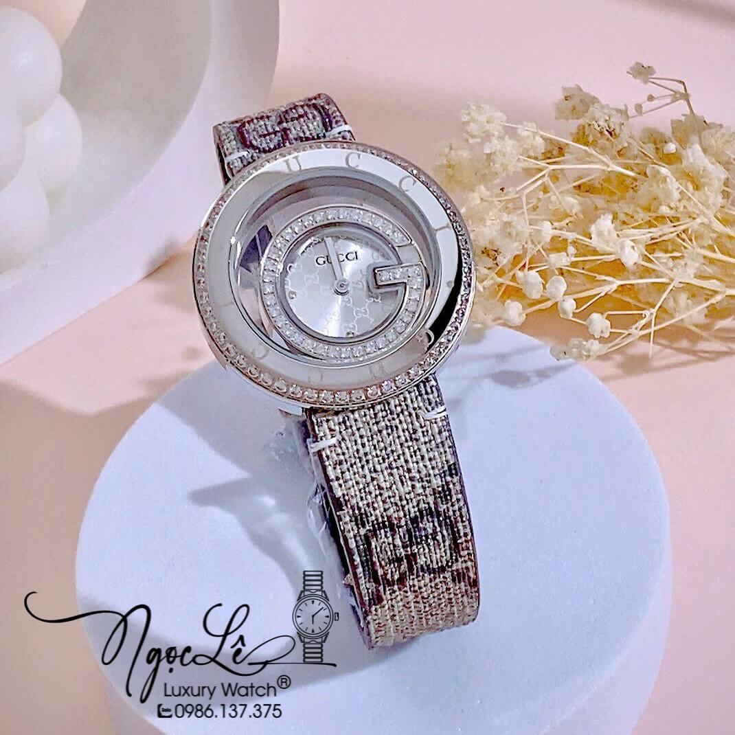 Đồng Hồ Nữ Gucci Dây Da Họa Tiết Logo GC Cao Cấp Size 38mm Quartz Đính Đá Mặt Trắng