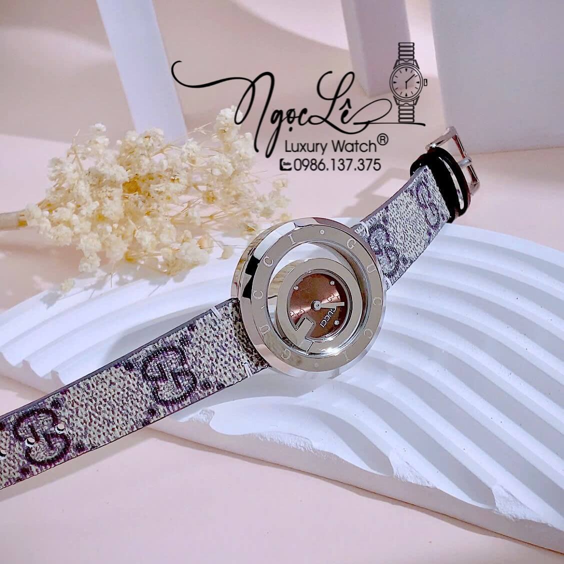 Đồng Hồ Nữ Gucci Dây Da Họa Tiết Logo GC Cao Cấp Size 38mm Quartz Mặt Nâu