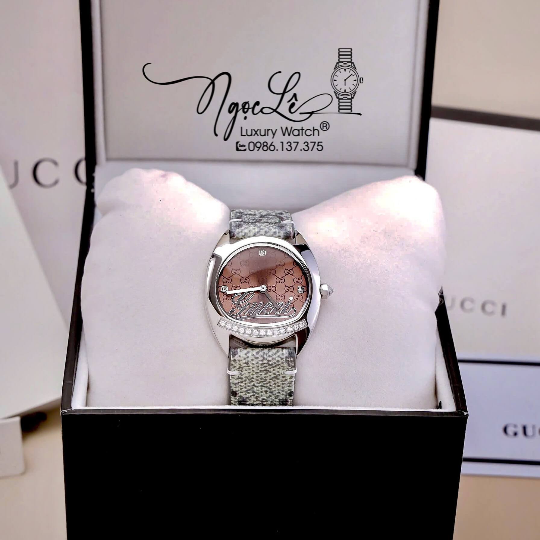 Đồng Hồ Nữ Gucci Dây Da Họa Tiết Logo GC Mặt Oval Cao Cấp Size 34mm Quartz