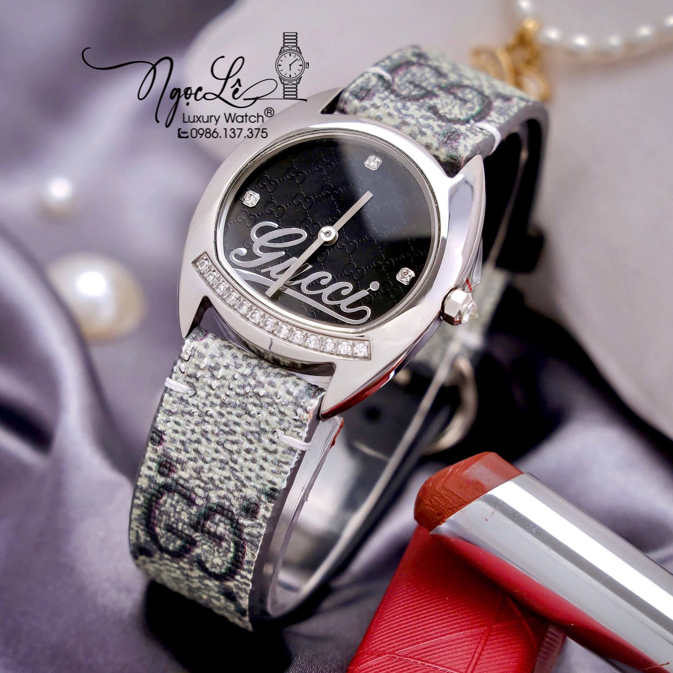 Đồng Hồ Nữ Gucci Dây Da Họa Tiết Logo GC Mặt Oval Đen Cao Cấp Size 34mm Quartz