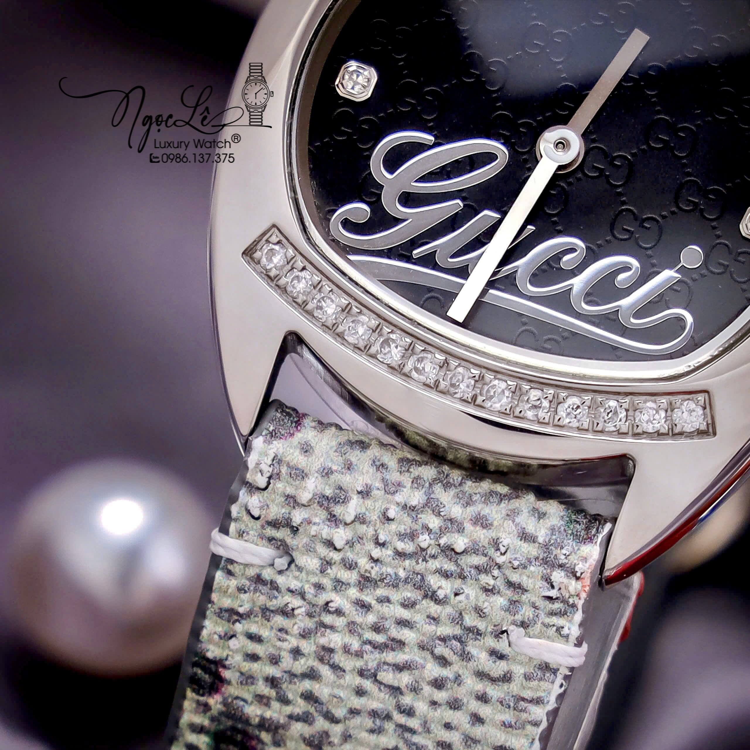 Đồng Hồ Nữ Gucci Dây Da Họa Tiết Logo GC Mặt Oval Đen Cao Cấp Size 34mm Quartz