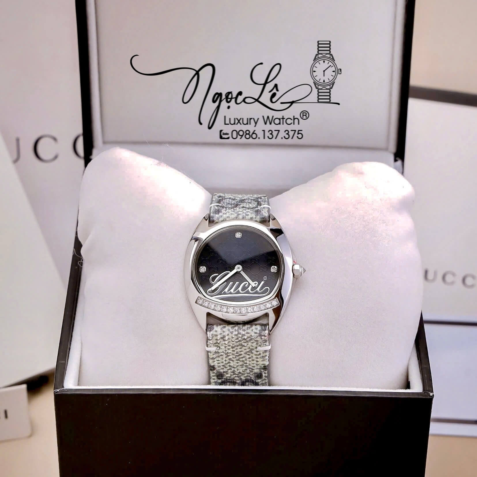 Đồng Hồ Nữ Gucci Dây Da Họa Tiết Logo GC Mặt Oval Đen Cao Cấp Size 34mm Quartz