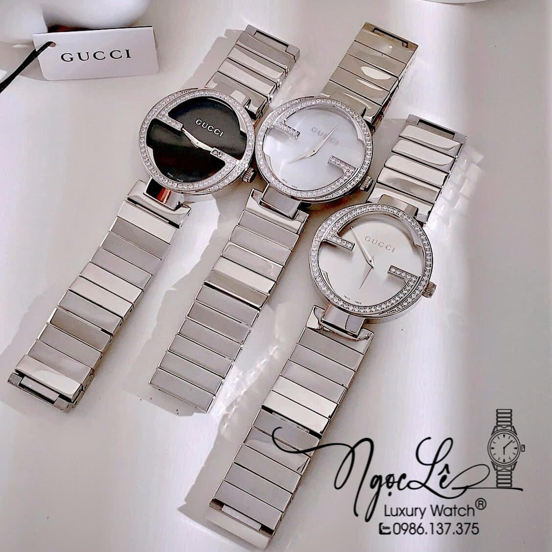 Đồng Hồ Nữ Gucci Dây Kim Loại Silver Mặt Đen Dáng Lắc Tay Đính Đá Size 37mm