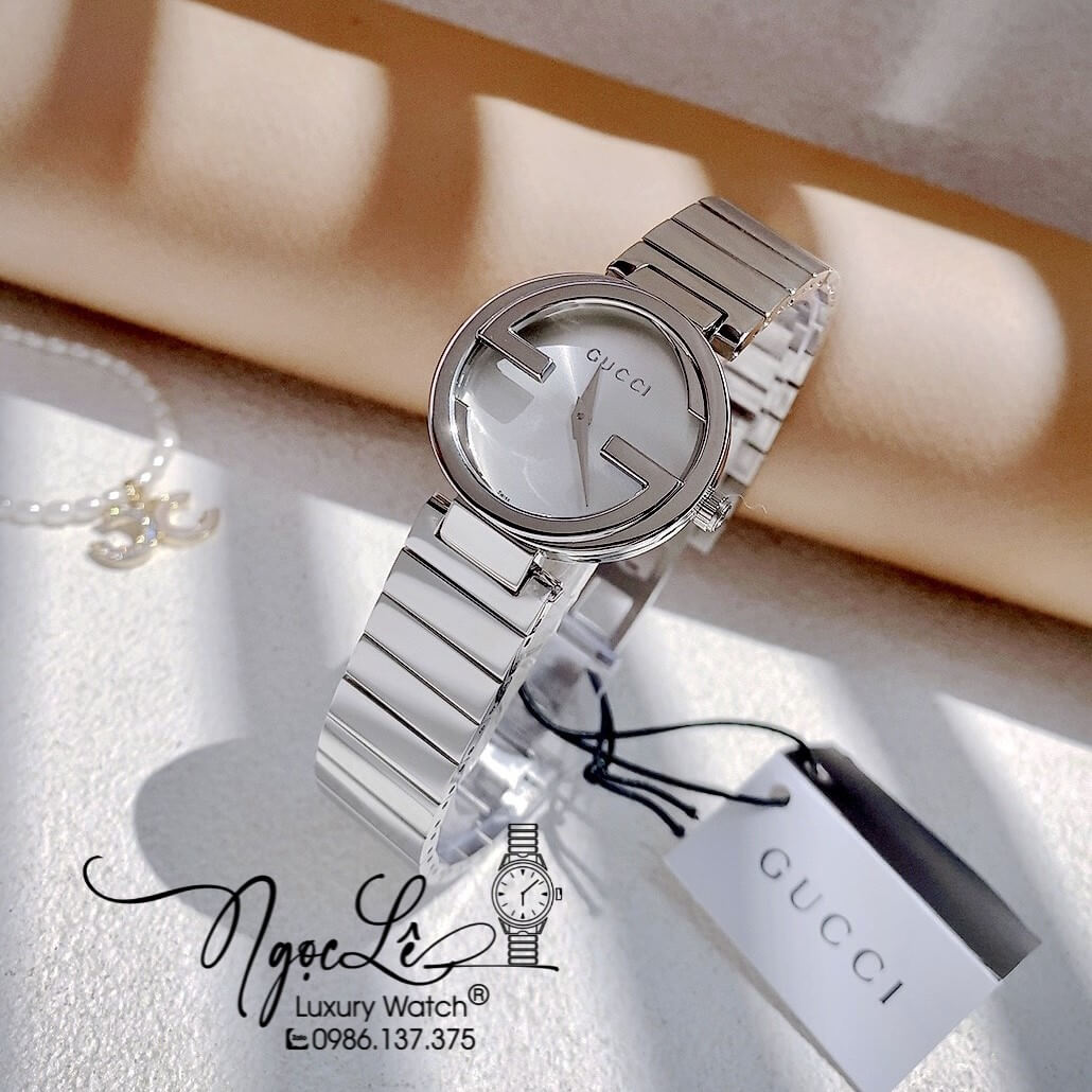 Đồng Hồ Nữ Gucci Dây Kim Loại Silver Mặt Trắng Dáng Lắc Tay Niềng Trơn Size 29mm