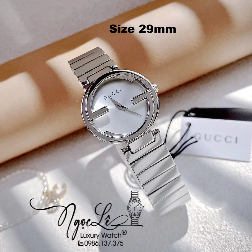 Đồng Hồ Nữ Gucci Dây Kim Loại Silver Mặt Trắng Dáng Lắc Tay Niềng Trơn Size 29mm