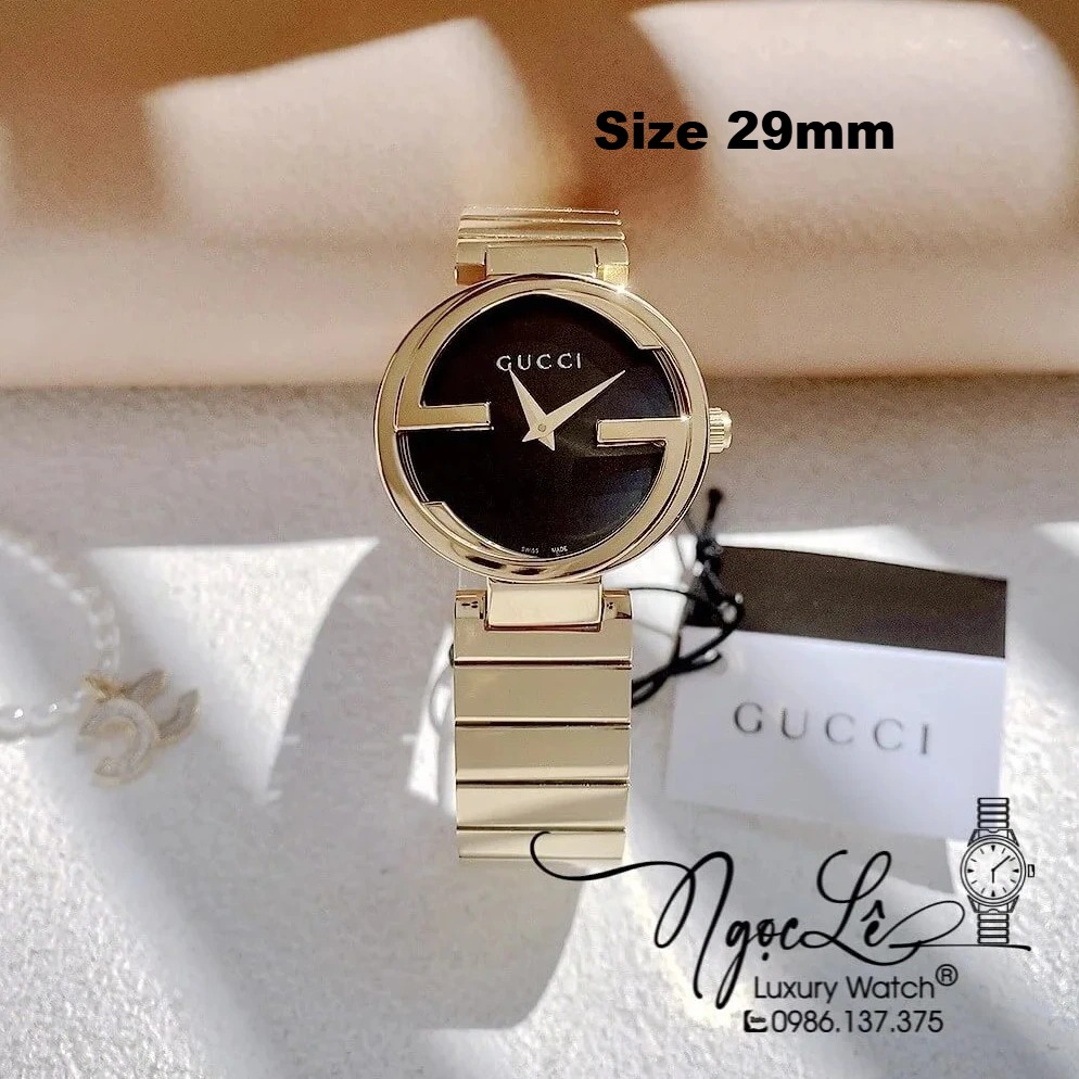 Đồng Hồ Nữ Gucci Dây Kim Loại Vàng Mặt Đen Dáng Lắc Tay Niềng Trơn Size 29mm
