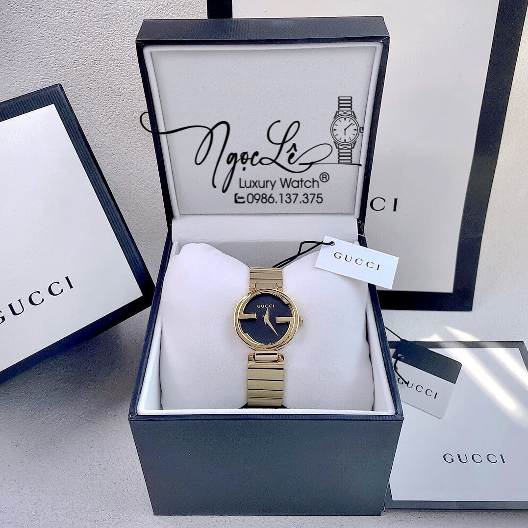 Đồng Hồ Nữ Gucci Dây Kim Loại Vàng Mặt Đen Dáng Lắc Tay Niềng Trơn Size 29mm