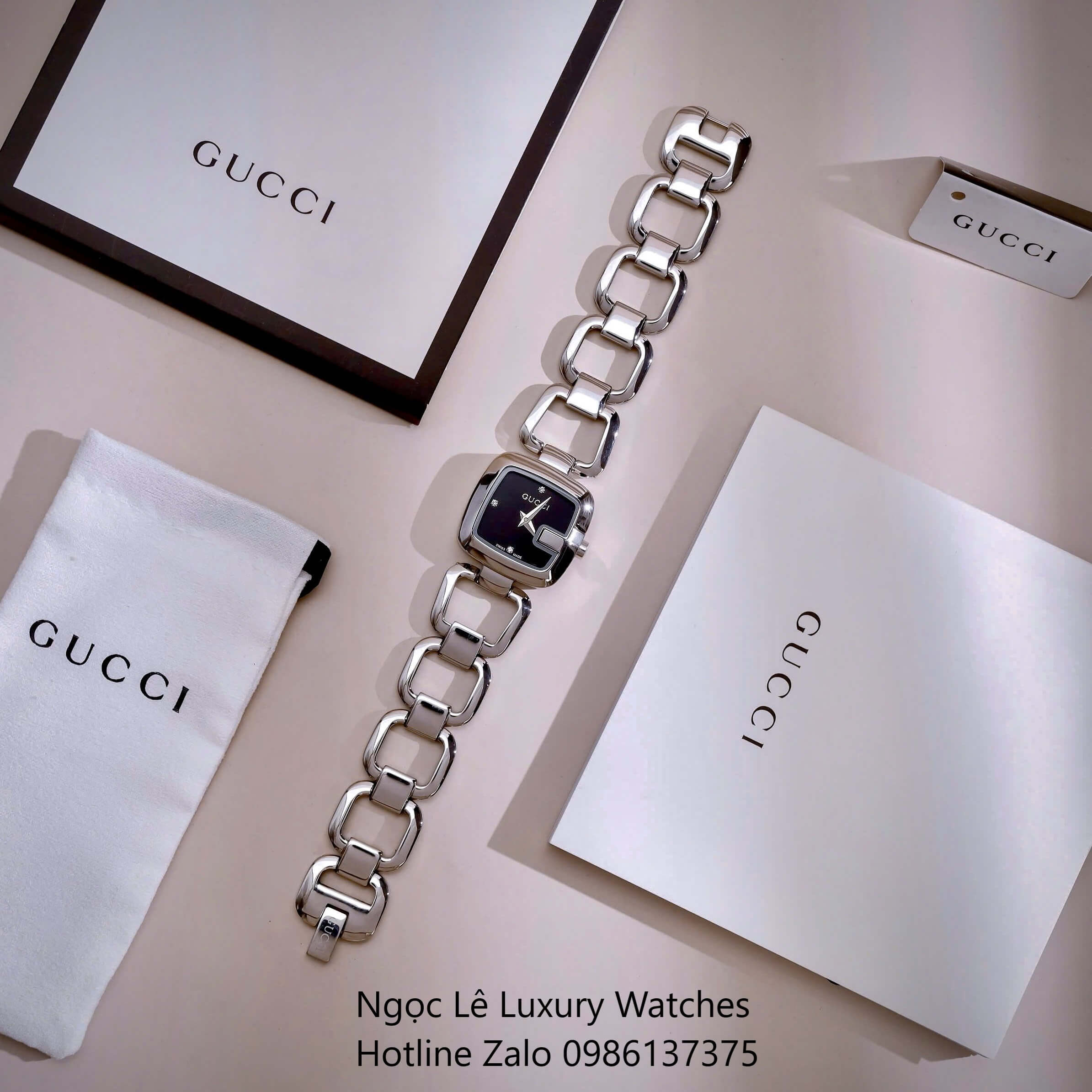 Đồng Hồ Nữ Gucci G-Gucci Dây Lắc Tay Màu Bạc Mặt Đen Size 32mm Full Box