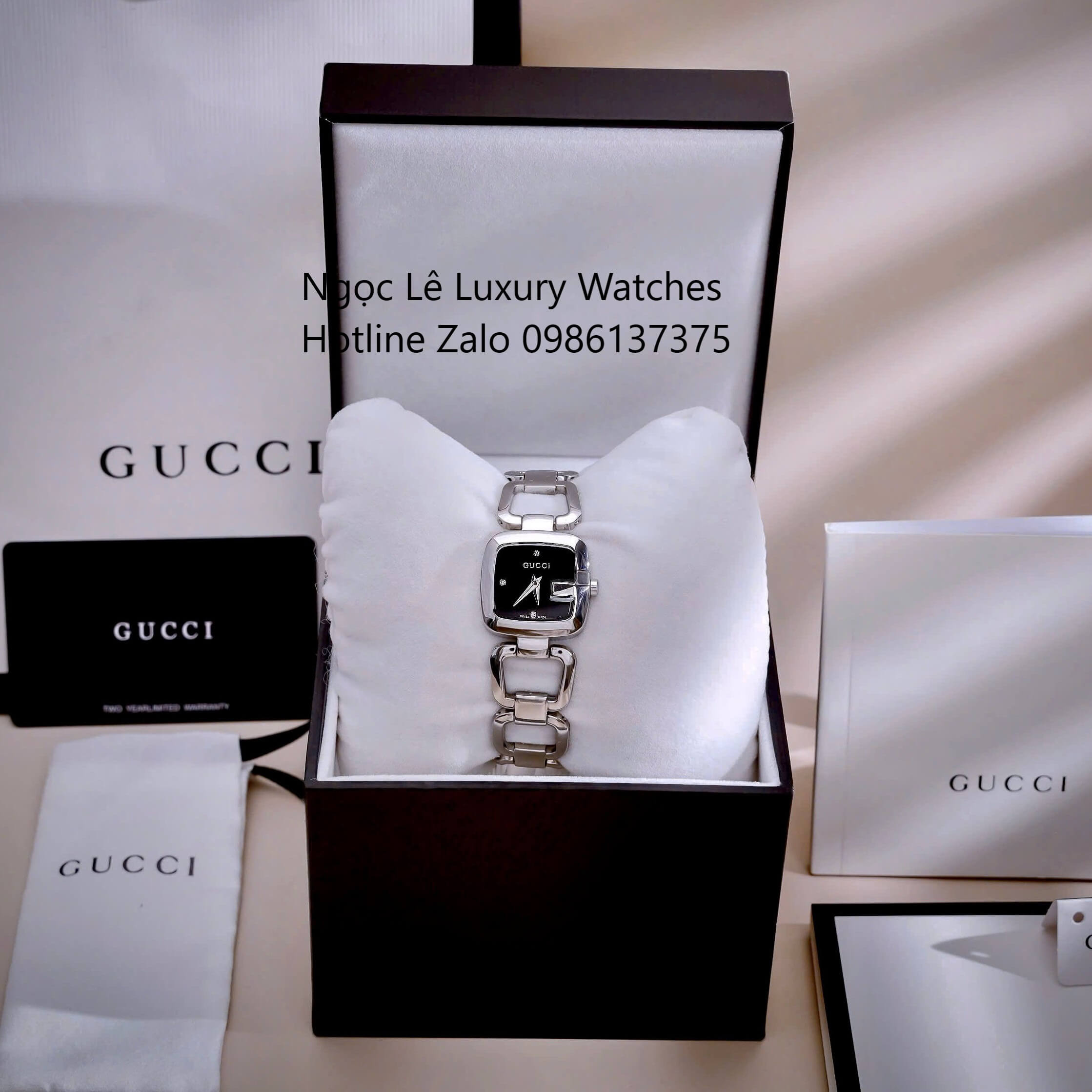 Đồng Hồ Nữ Gucci G-Gucci Dây Lắc Tay Màu Bạc Mặt Đen Size 32mm Full Box