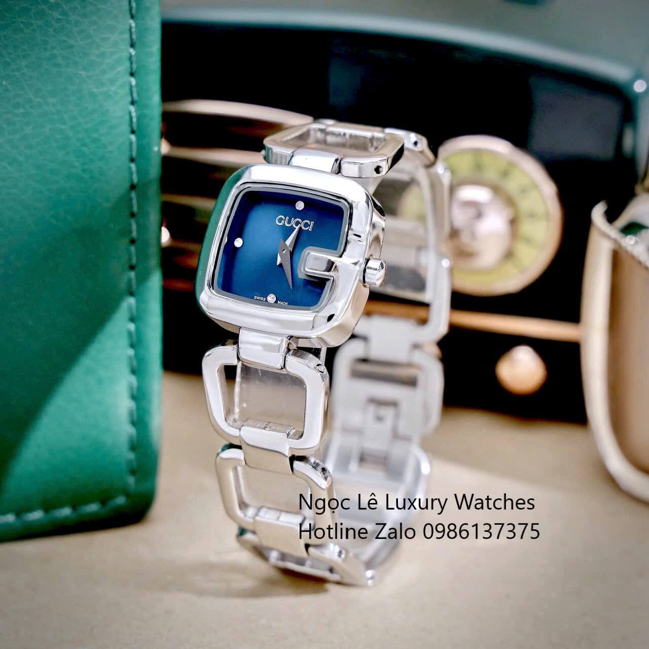 Đồng Hồ Nữ Gucci G-Gucci Dây Lắc Tay Màu Bạc Mặt Xanh Dương Đậm Size 32mm