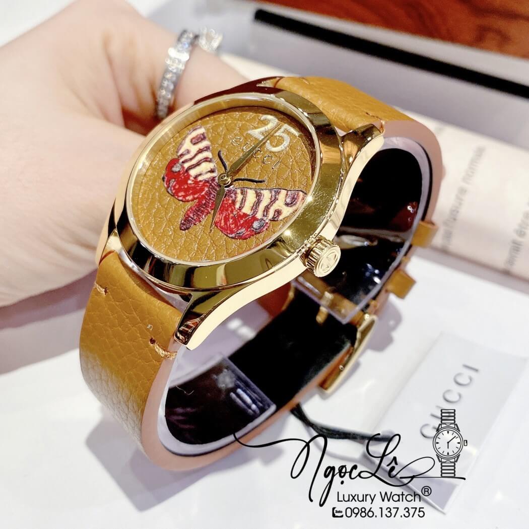 Đồng Hồ Nữ Gucci G-Timeless Butterfly Dây Da Nâu Tây Size 38mm