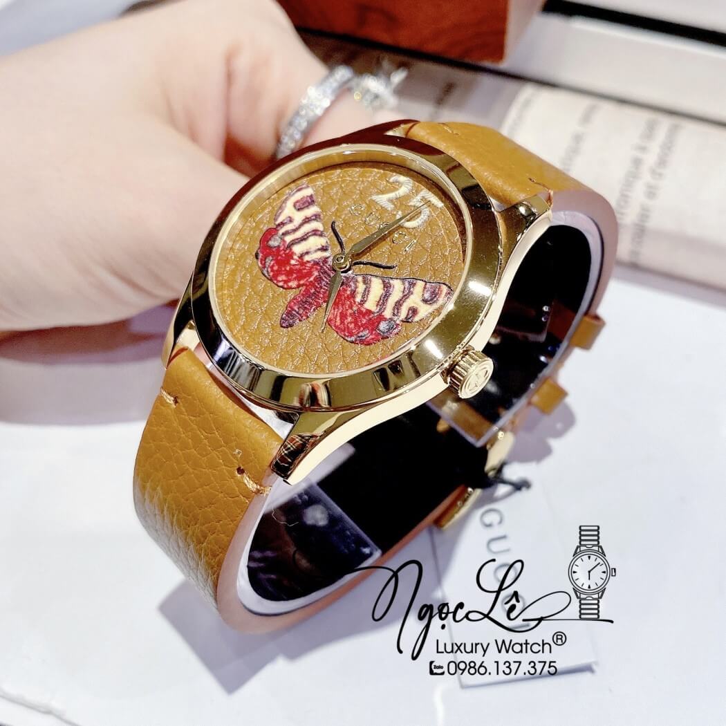 Đồng Hồ Nữ Gucci G-Timeless Butterfly Dây Da Nâu Tây Size 38mm