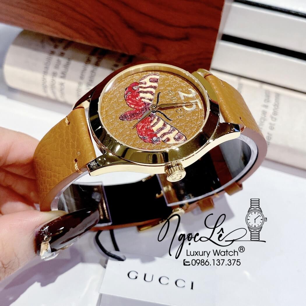 Đồng Hồ Nữ Gucci G-Timeless Butterfly Dây Da Nâu Tây Size 38mm