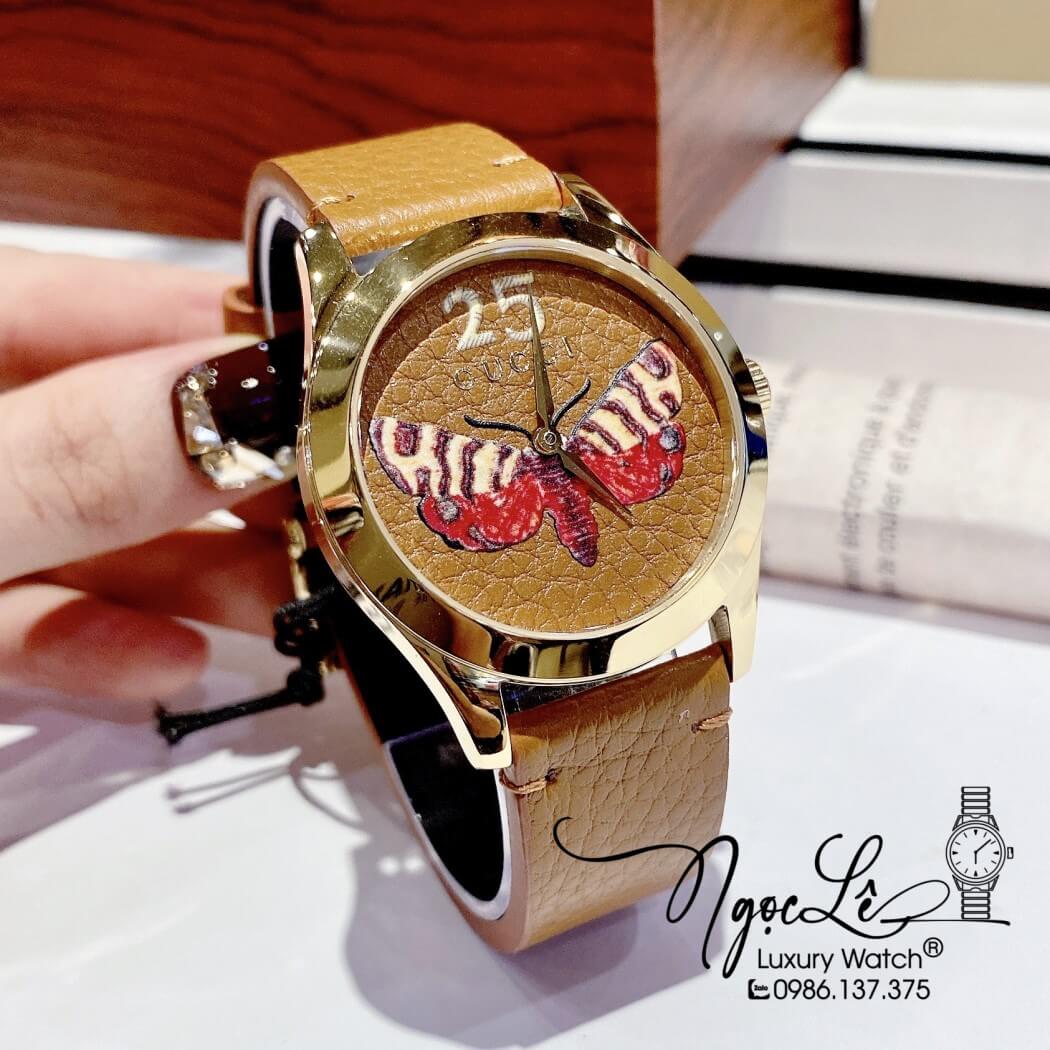 Đồng Hồ Nữ Gucci G-Timeless Butterfly Dây Da Nâu Tây Size 38mm