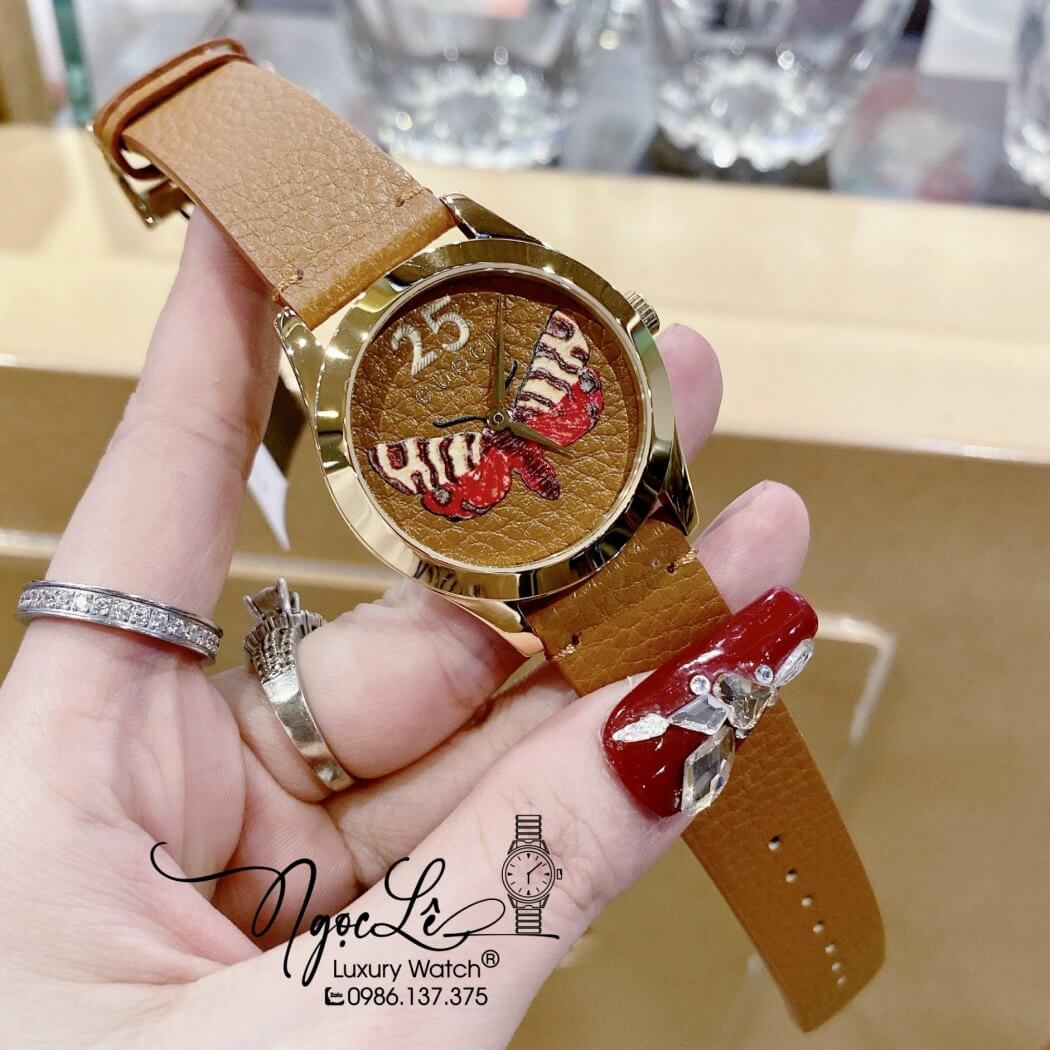 Đồng Hồ Nữ Gucci G-Timeless Butterfly Dây Da Nâu Tây Size 38mm