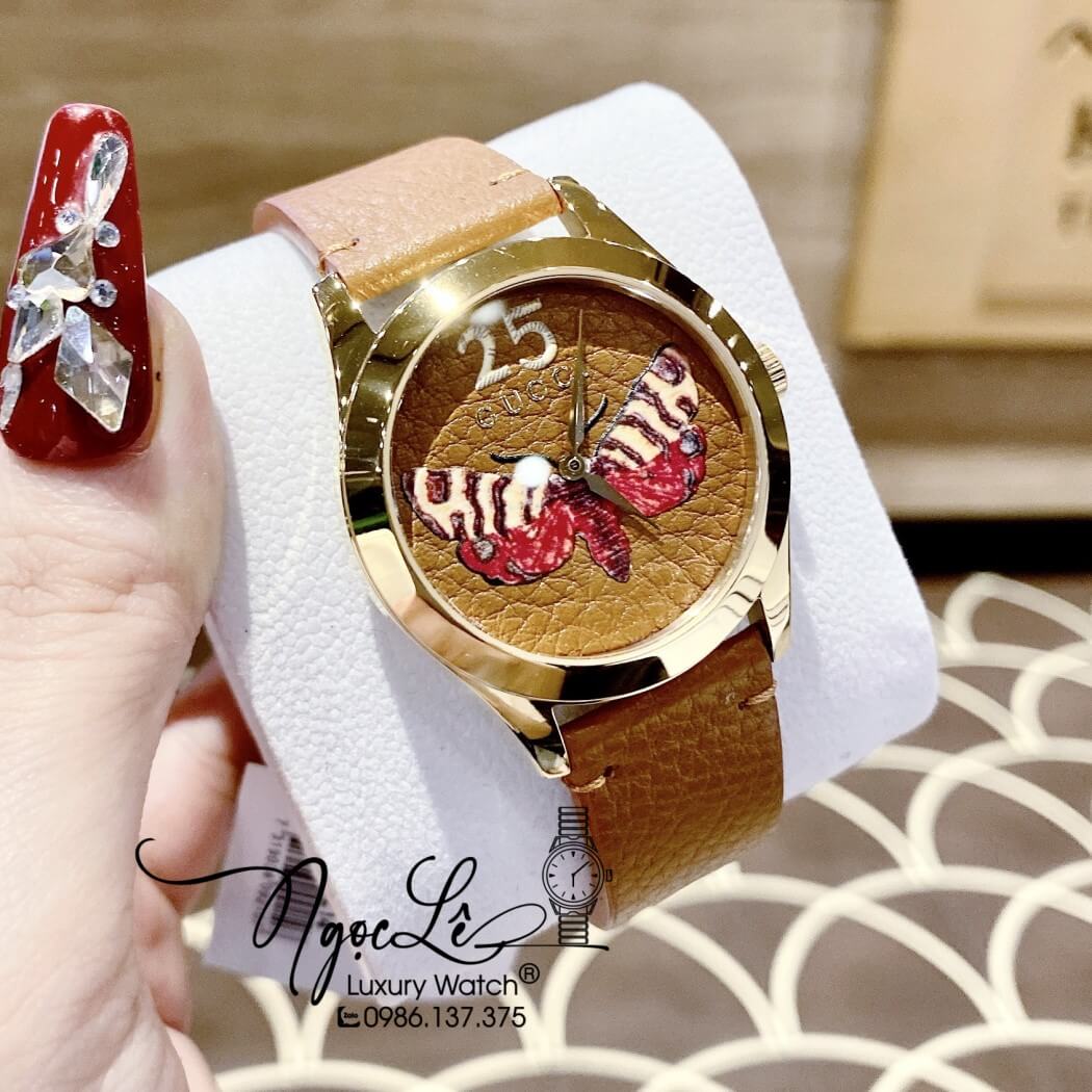 Đồng Hồ Nữ Gucci G-Timeless Butterfly Dây Da Nâu Tây Size 38mm