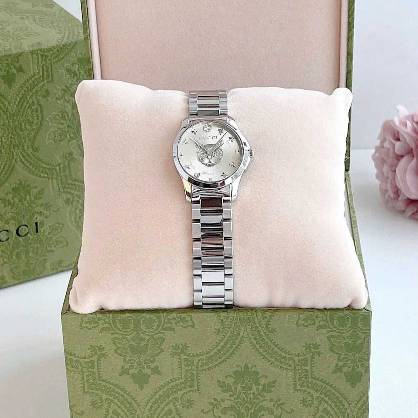 Đồng Hồ Nữ Gucci G-Timeless Cat Dây Kim Loại Silver Mặt Mèo Size 28mm