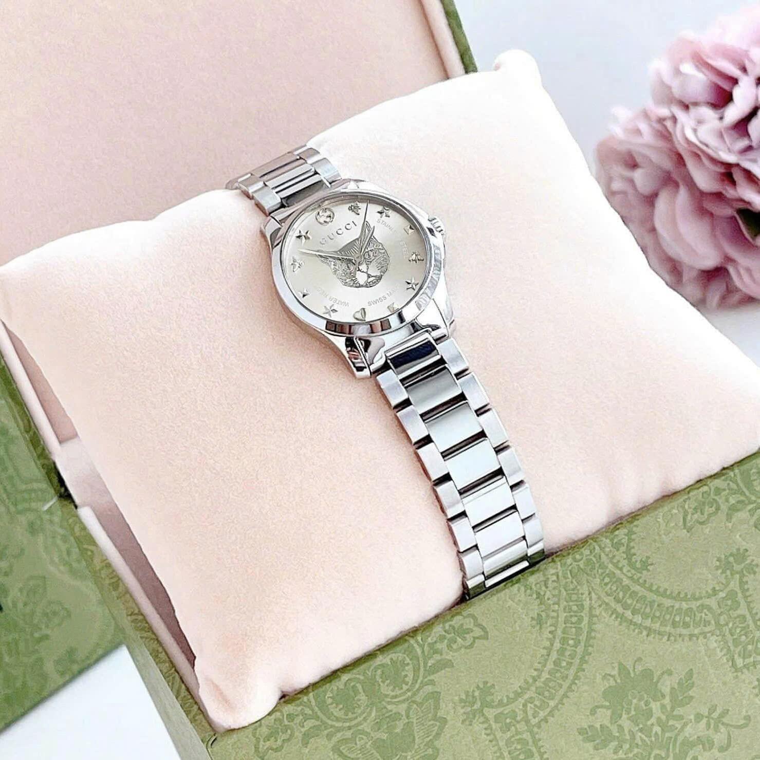 Đồng Hồ Nữ Gucci G-Timeless Cat Dây Kim Loại Silver Mặt Mèo Size 28mm