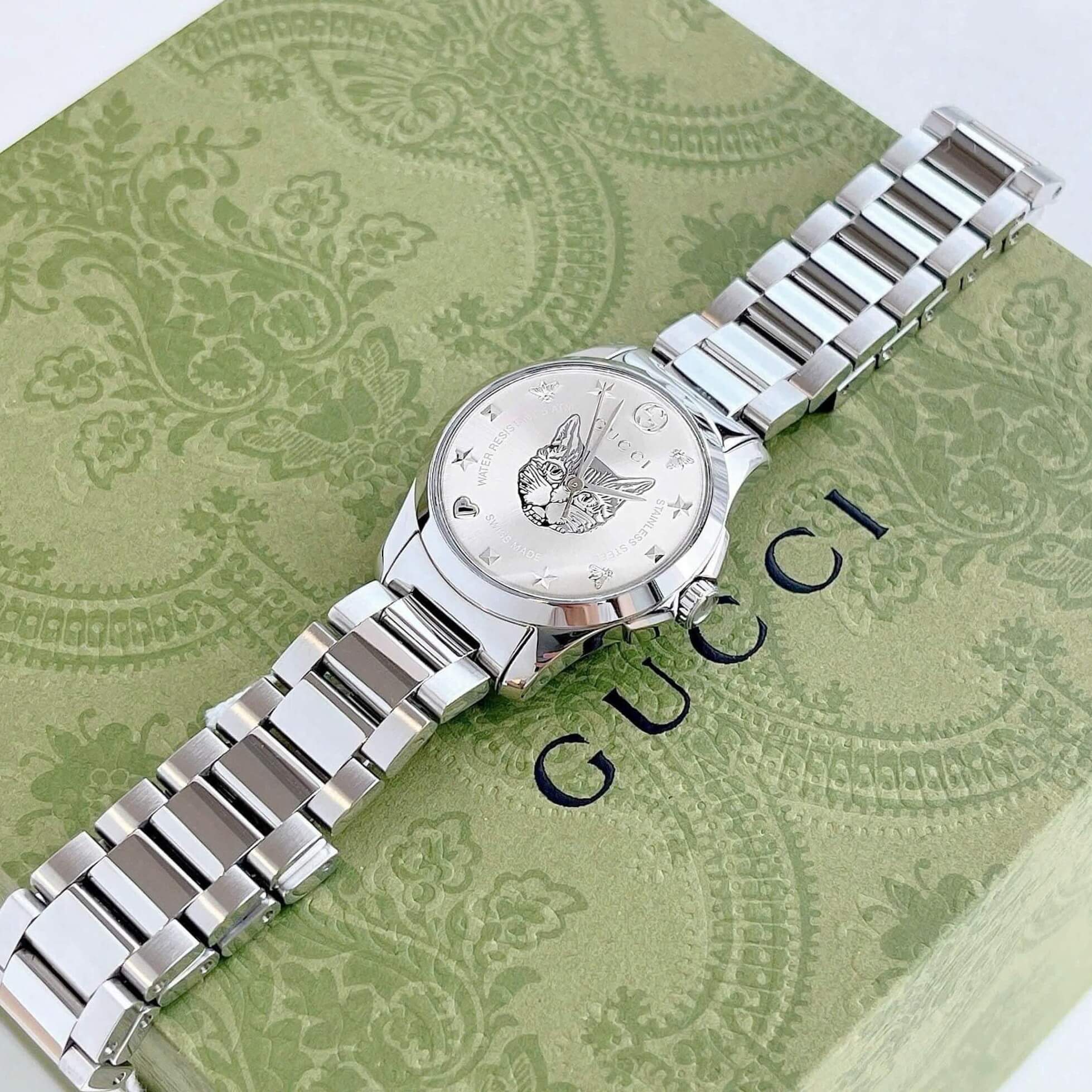 Đồng Hồ Nữ Gucci G-Timeless Cat Dây Kim Loại Silver Mặt Mèo Size 28mm