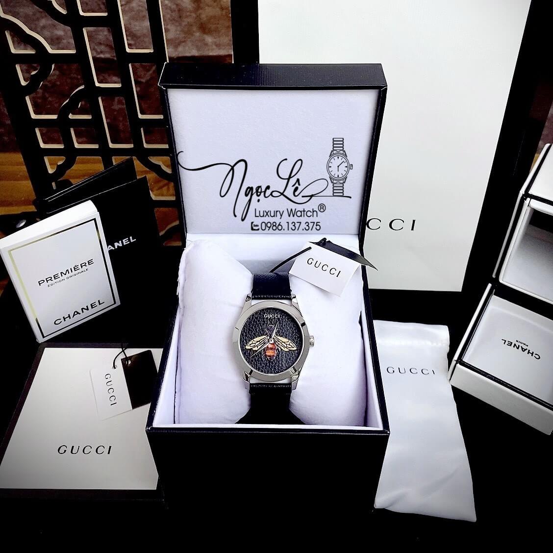 Đồng Hồ Gucci G-Timeless Dây Da Đen Máy Thụy Sỹ Họa Tiết Ong 3D 38mm YA1264067