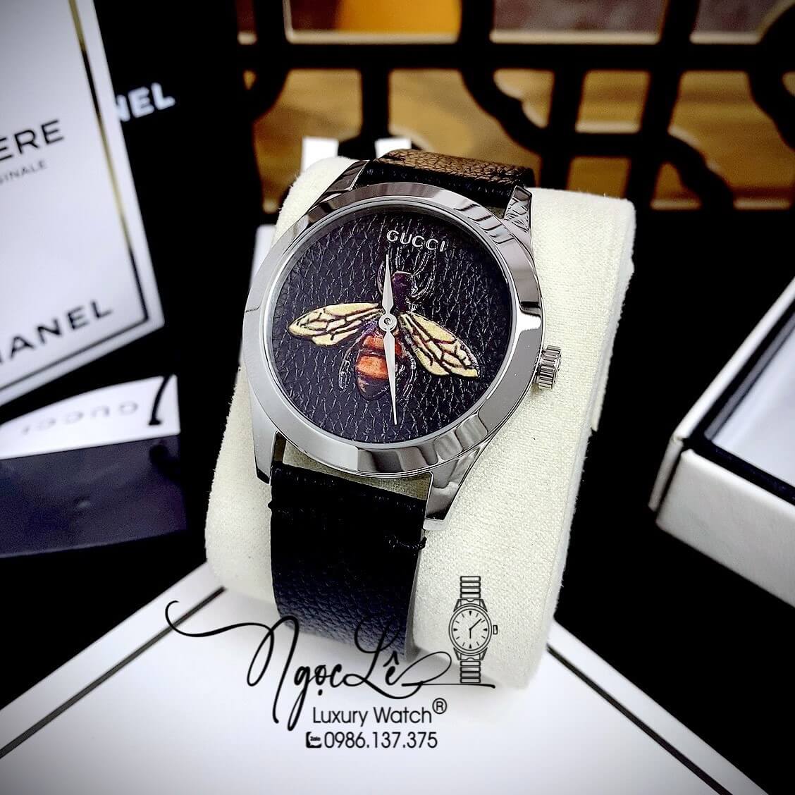 Đồng Hồ Gucci G-Timeless Dây Da Đen Máy Thụy Sỹ Họa Tiết Ong 3D 38mm YA1264067
