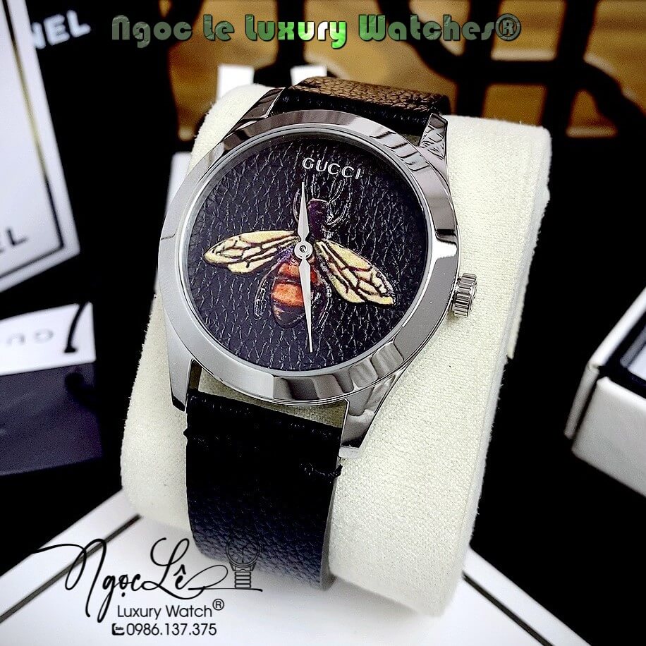 Đồng Hồ Gucci G-Timeless Dây Da Đen Máy Thụy Sỹ Họa Tiết Ong 3D 38mm YA1264067