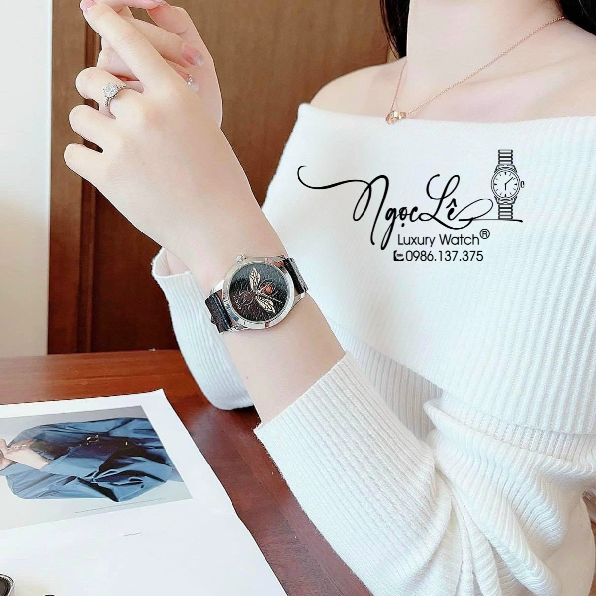Đồng Hồ Gucci G-Timeless Dây Da Đen Máy Thụy Sỹ Họa Tiết Ong 3D 38mm YA1264067