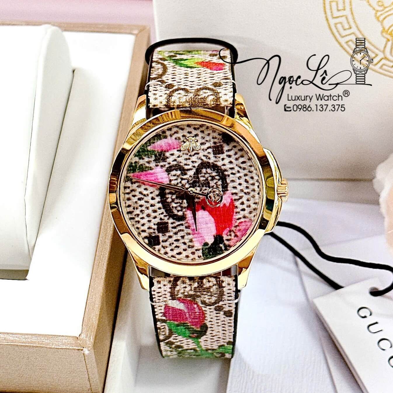 Đồng Hồ Nữ Gucci G-Timeless Dây Da Nâu Mặt Họa Tiết Hoa Size 38mm - Gucci YA1264038