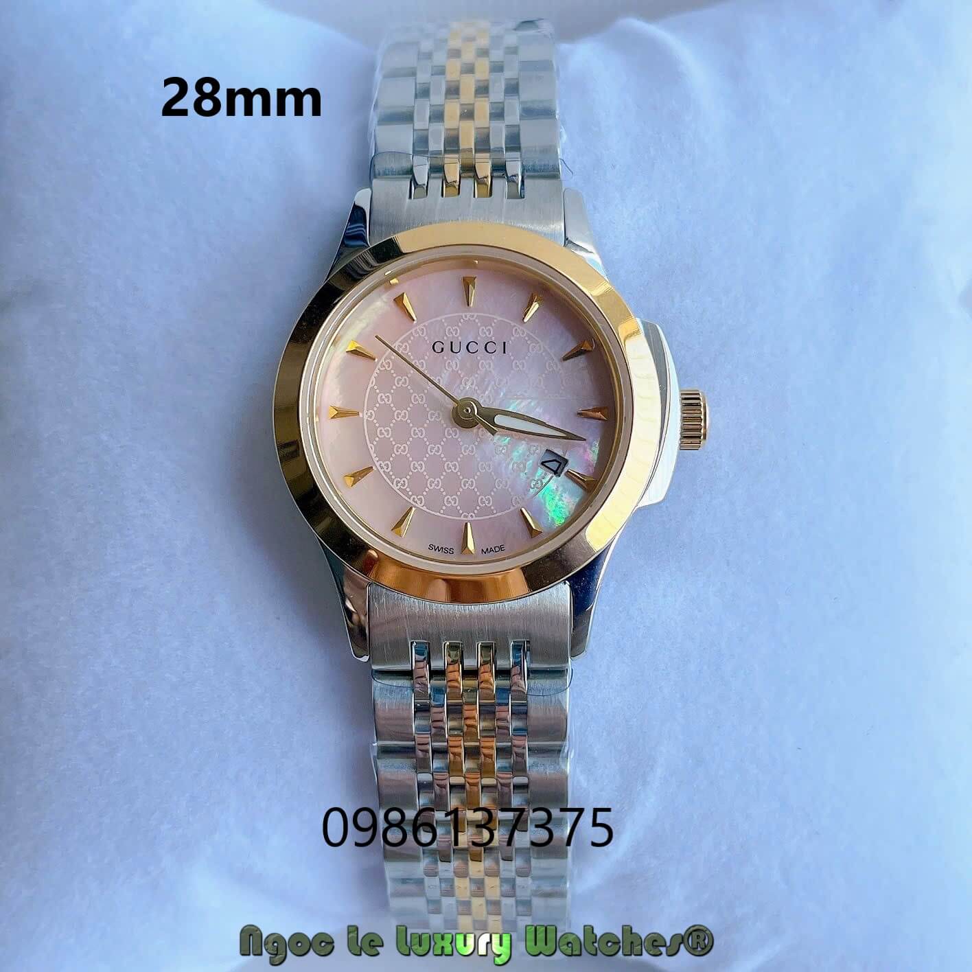 Đồng Hồ Nữ Gucci G-Timeless Dây Kim Loại Demi Vàng Mặt Xà Cừ Hồng Size 28mm