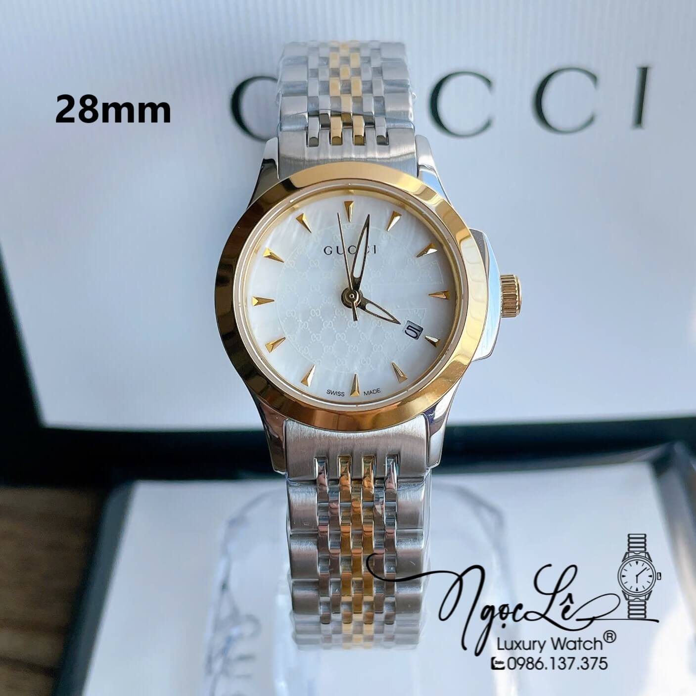 Đồng Hồ Nữ Gucci G-Timeless Dây Kim Loại Demi Vàng Size 28mm YA126511