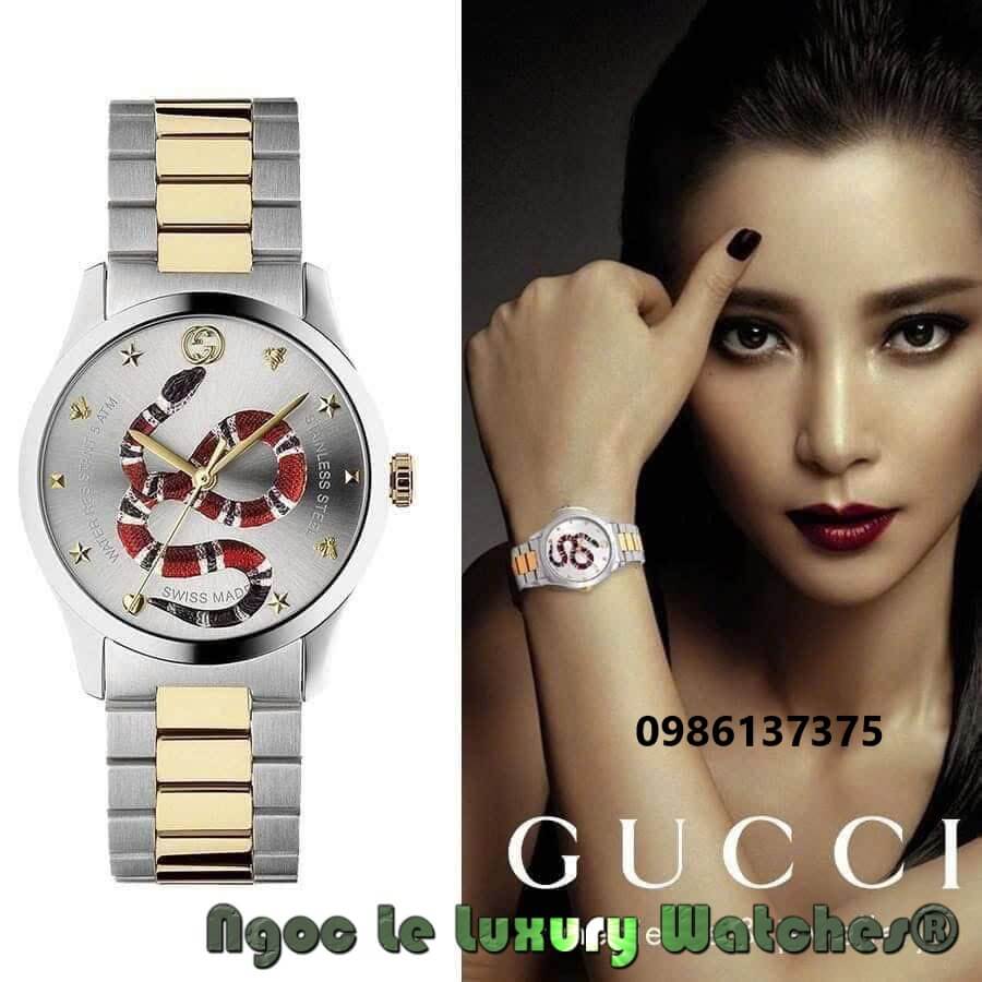 Đồng Hồ Nữ Gucci G Timeless Quartz Dây Demi Vàng Mặt Trắng Họa Tiết Rắn Size 29mm - YA126591