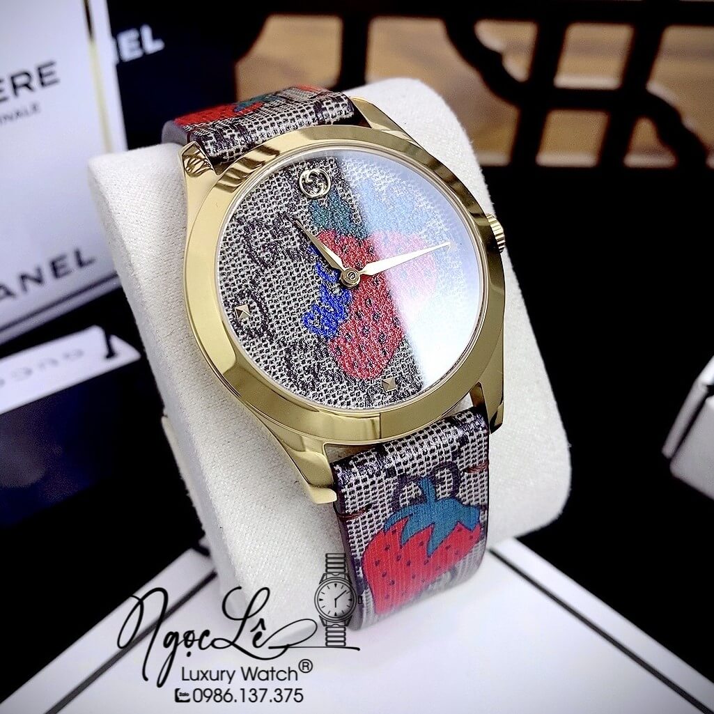 Đồng Hồ Nữ Gucci G-Timeless Strawberry Dây Da Họa Tiết Trái Dâu Size 38mm