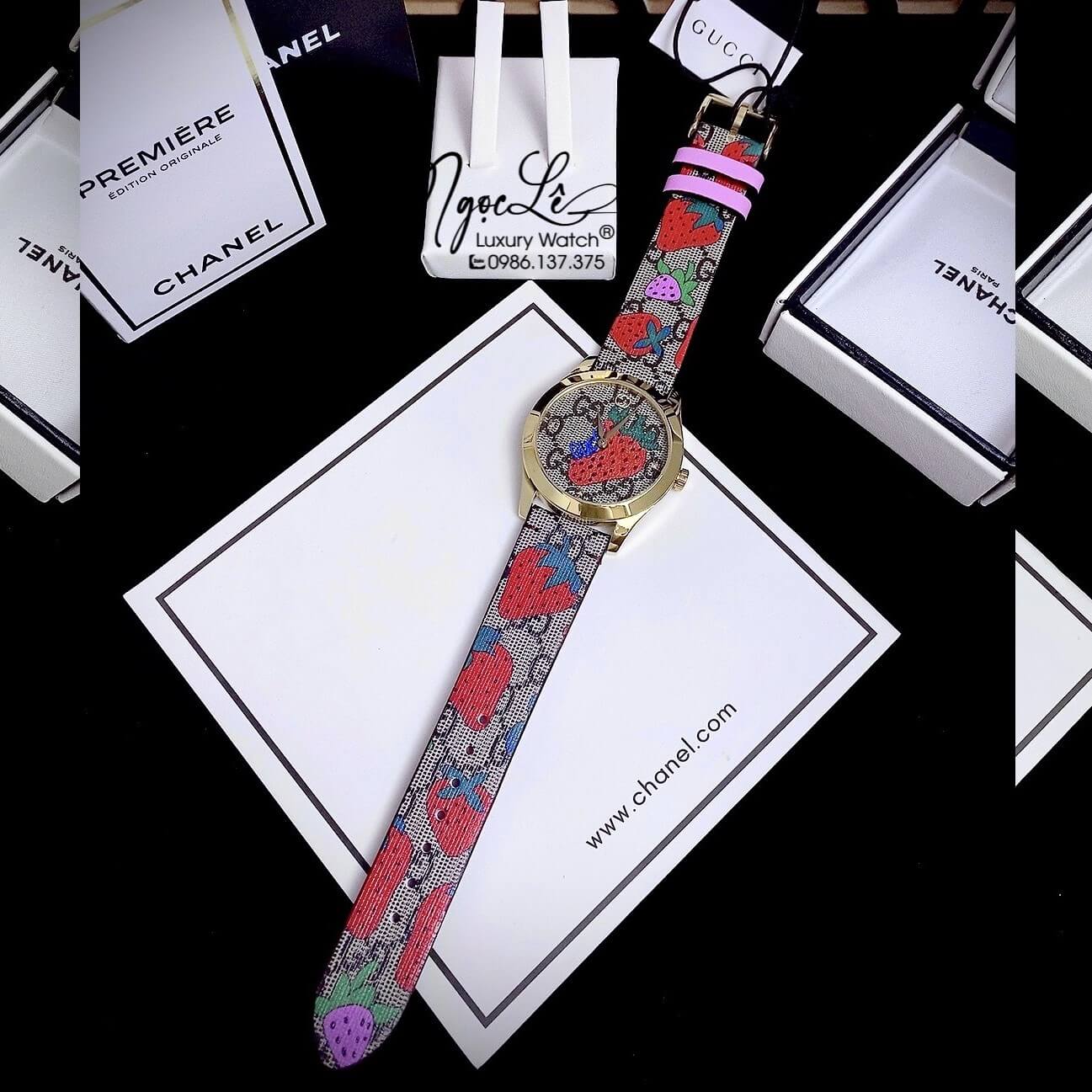 Đồng Hồ Nữ Gucci G-Timeless Strawberry Dây Da Họa Tiết Trái Dâu Size 38mm