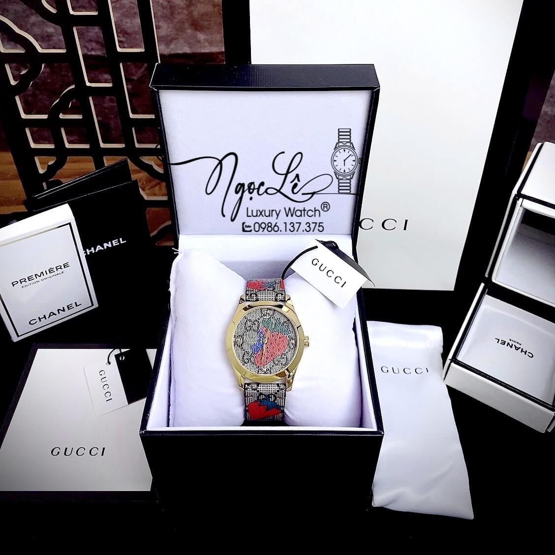 Đồng Hồ Nữ Gucci G-Timeless Strawberry Dây Da Họa Tiết Trái Dâu Size 38mm