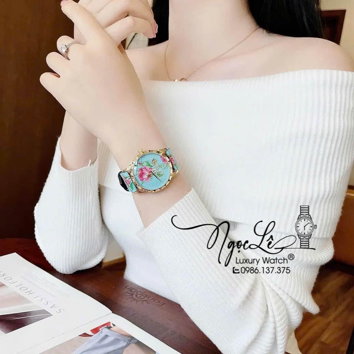 Đồng Hồ Nữ Gucci G-Timeless YA1264085 Dây Da Màu Xanh Họa Tiết Hoa Màu Hồng Size 38mm